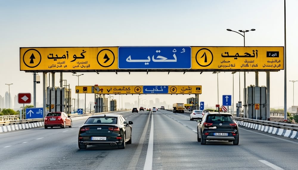 Cars passing through a Dubai road toll gate