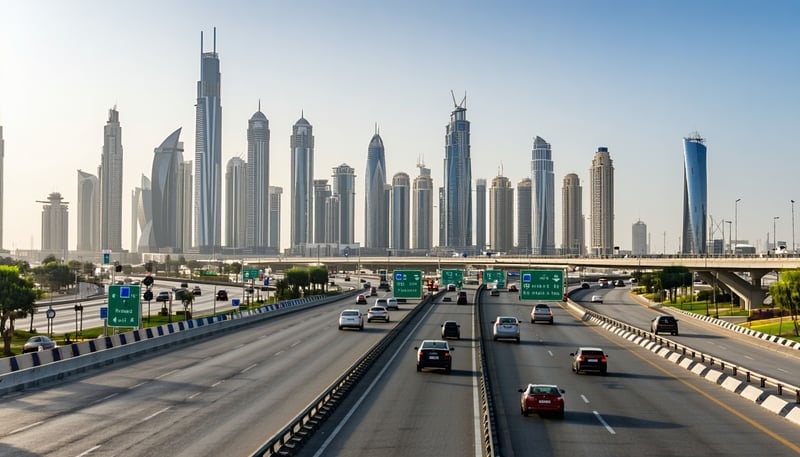 Dubai city skyline with highways and toll gates